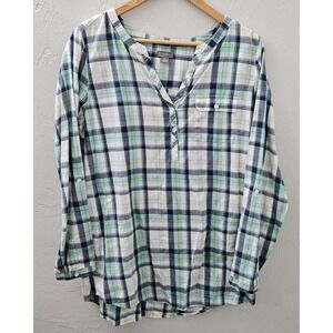 J.Jill Women's Size‎ Medium Tunic Top Popover Blue Plaid Roll Tab Sleeve Pocket
